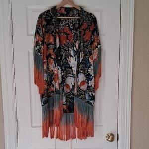 Floral Fringe Kimono Jacket - Multicolor